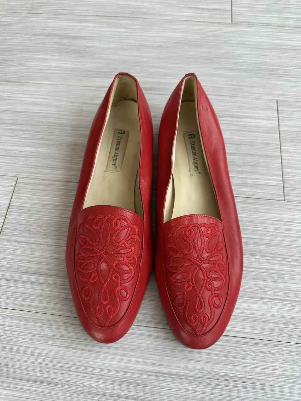 Vintage Etienne Aigner Red Leather SlipOn Flats Embroidered Scrollwork Design 10